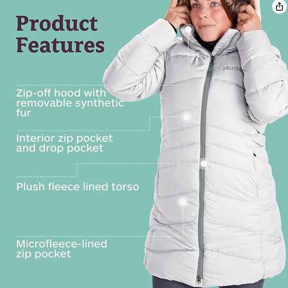 Women’s Marmot Montreal Coat 700-fill Medium Barely Used Removable Hood Glacier - Picture 12 of 13